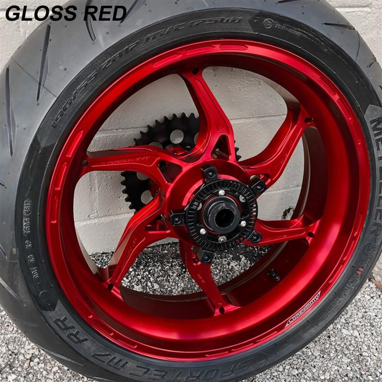 Coremoto Apex-6 Forged Aluminum Wheels Yamaha YZF-R6 (17-24), Gloss Red forged aluminum motorcycle wheel with black tire and disc brake system.