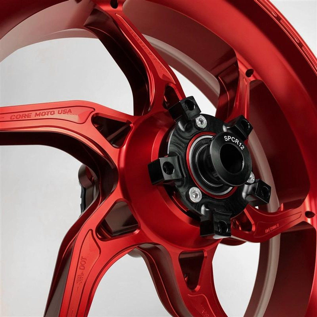 Coremoto Apex-6 Forged Aluminum Wheels Yamaha YZF-R6 (17-24), red forged aluminum motorcycle wheel with black hub adapter for Yamaha YZF-R6 model from 2017 to 2024.