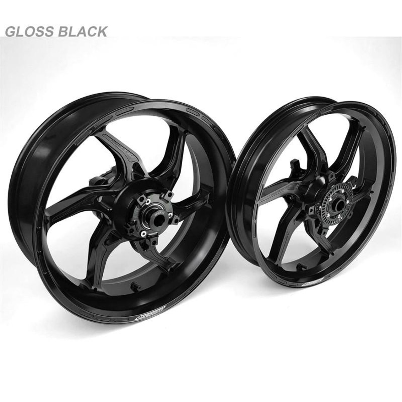 Coremoto Apex-6 Forged Aluminum Wheels Yamaha YZF-R6 (17-24), glossy black forged aluminum motorcycle wheels with five-spoke design for Yamaha YZF-R6 models from 2017 to 2024.