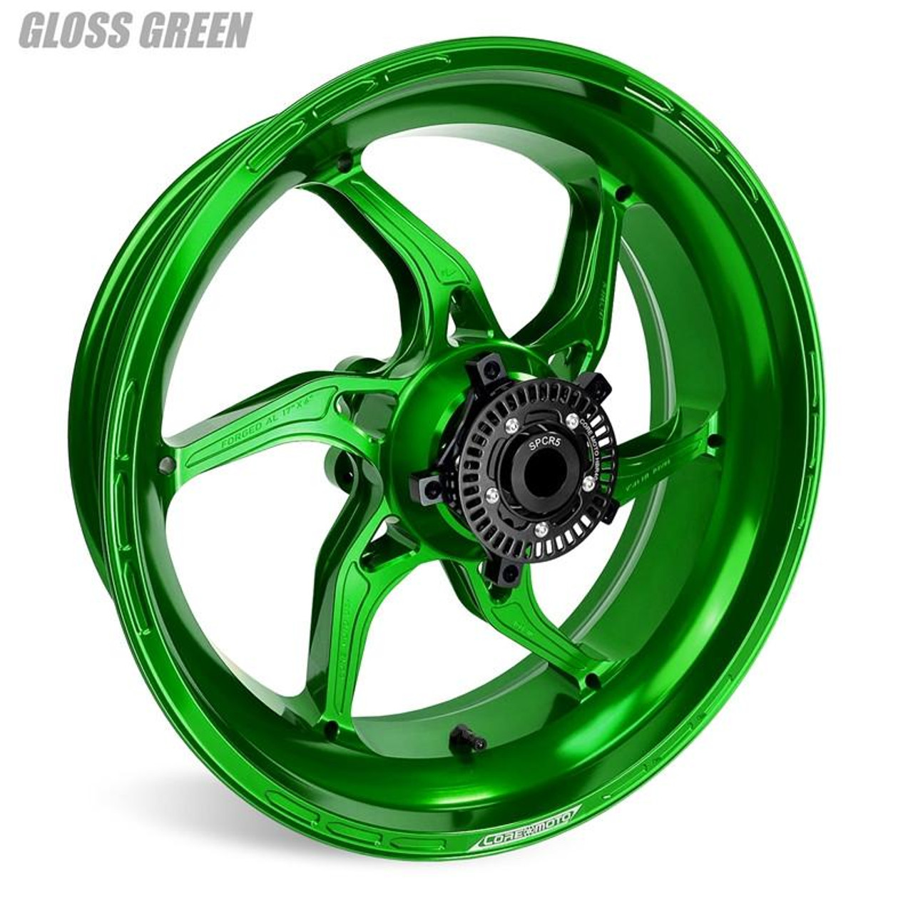 Coremoto Apex-6 Forged Aluminum Wheels Yamaha YZF-R6 (17-24), green glossy forged alloy motorcycle wheel with intricate spoke design.
