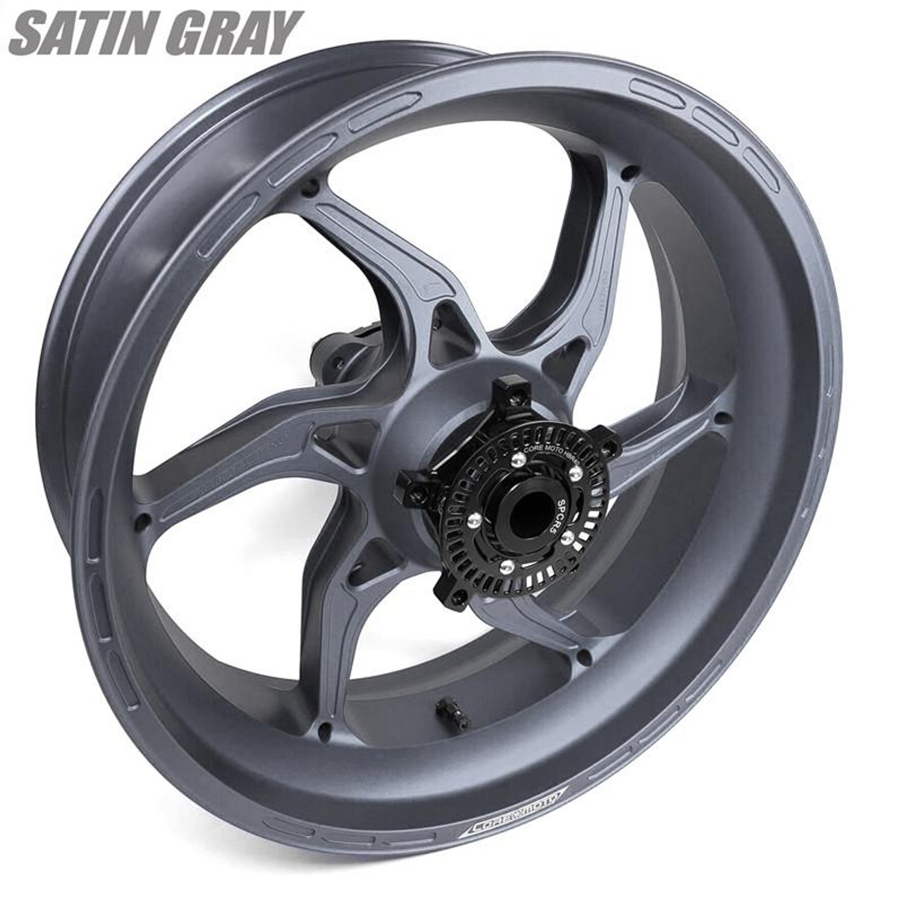 Coremoto Apex-6 Forged Aluminum Wheels Yamaha YZF-R6 (17-24), satin gray motorcycle wheel with a sleek design and high-quality finish.