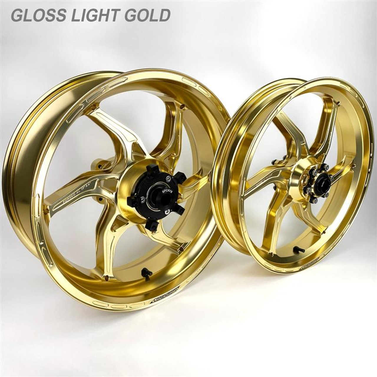 Coremoto Apex-6 Forged Aluminum Wheels Yamaha YZF-R6 (17-24), gloss light gold motorcycle wheels with intricate spoke design and black hub components.