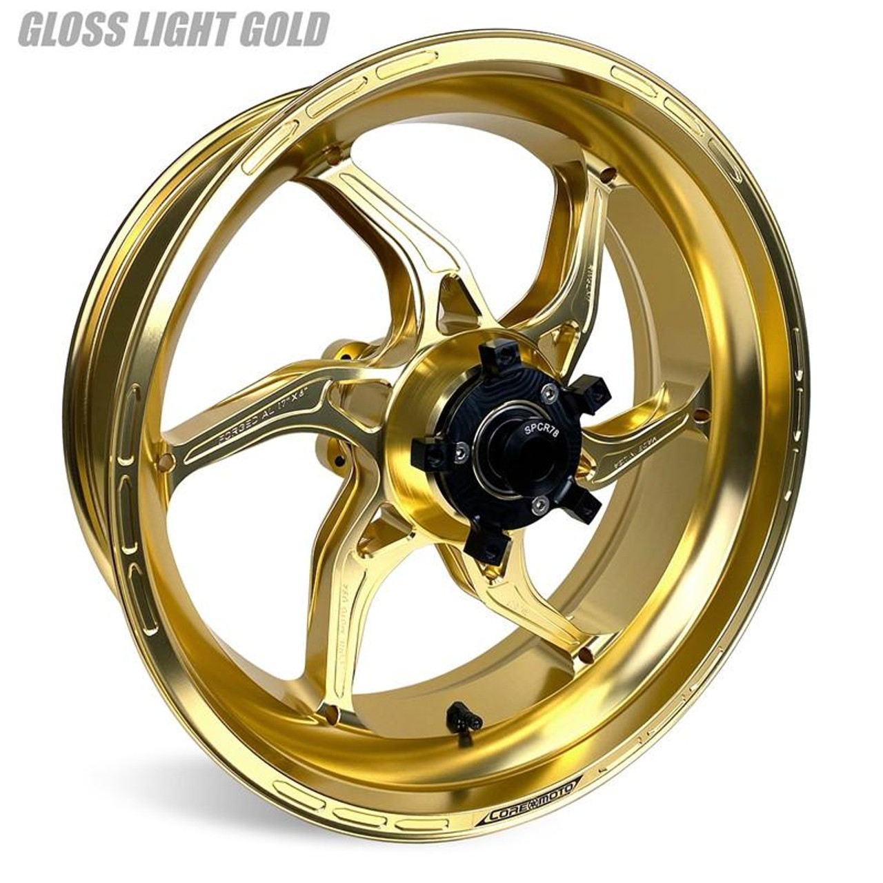 Coremoto Apex-6 Forged Aluminum Wheels Yamaha YZF-R6 (17-24), glossy light gold motorcycle wheel with intricate design and black center hub.