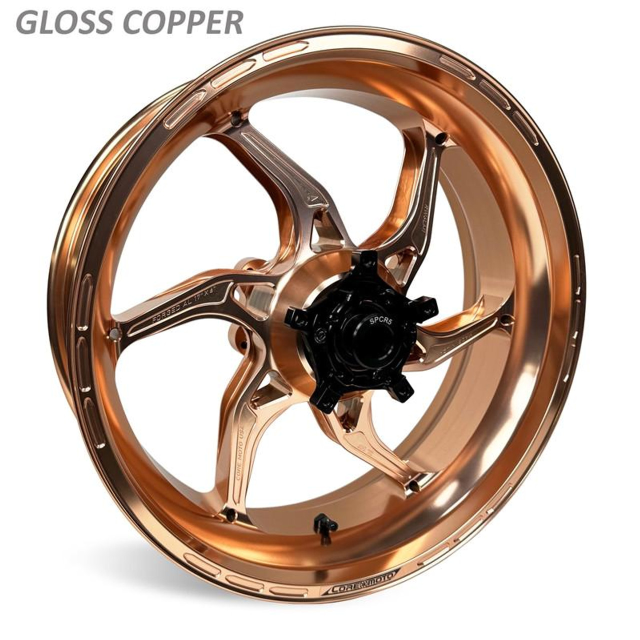 Coremoto Apex-6 Forged Aluminum Wheels Yamaha MT10/FZ10 (15-24), rose gold-colored motorcycle wheel with a sleek, aerodynamic design.