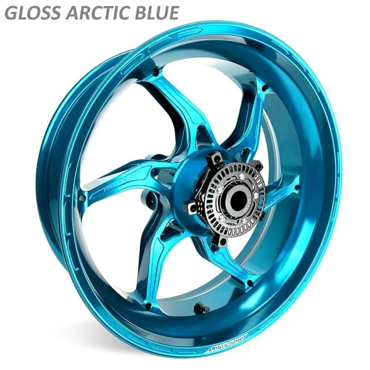 Coremoto Apex-6 Forged Aluminum Wheels Yamaha MT10/FZ10 (15-24), gloss arctic blue forged aluminum motorcycle wheel with a modern design and high-performance finish.