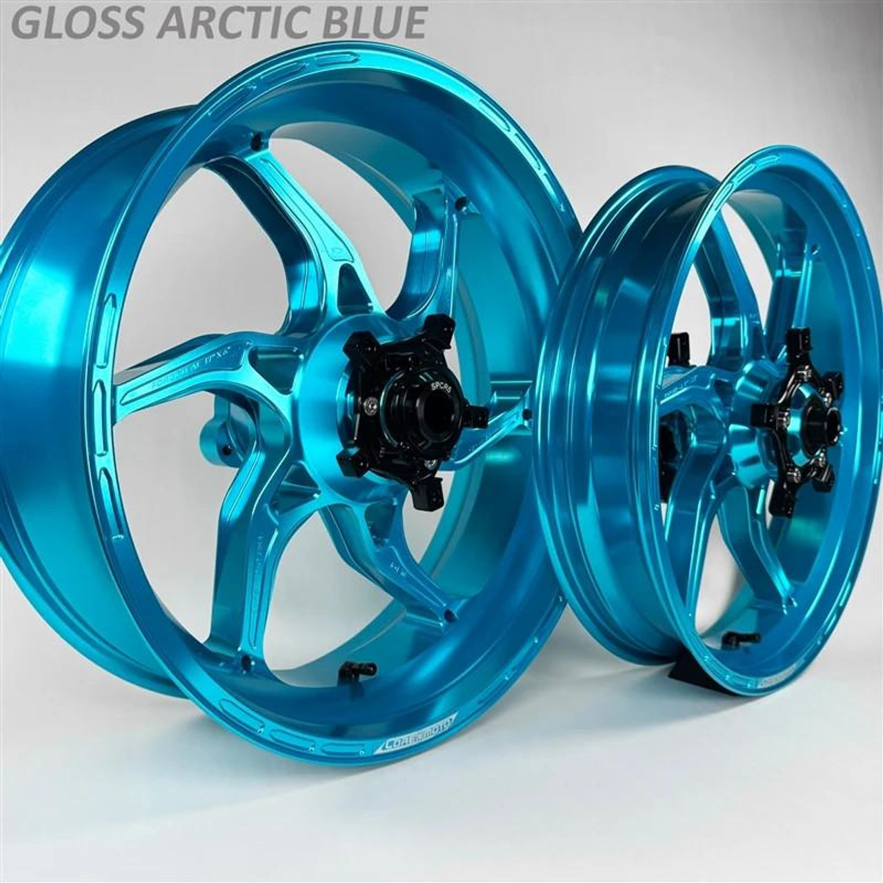 Coremoto Apex-6 Forged Aluminum Wheels Yamaha MT10/FZ10 (15-24), Gloss Arctic Blue motorcycle wheels with a sleek, shiny finish and intricate spoke design.