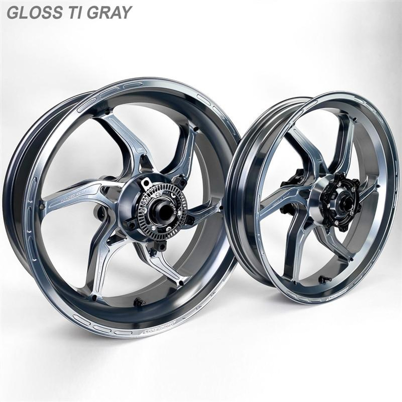Coremoto Apex-6 Forged Aluminum Wheels Yamaha MT10/FZ10 (15-24), image showing a pair of forged aluminum motorcycle wheels with a sleek, modern design in gloss titanium gray finish.