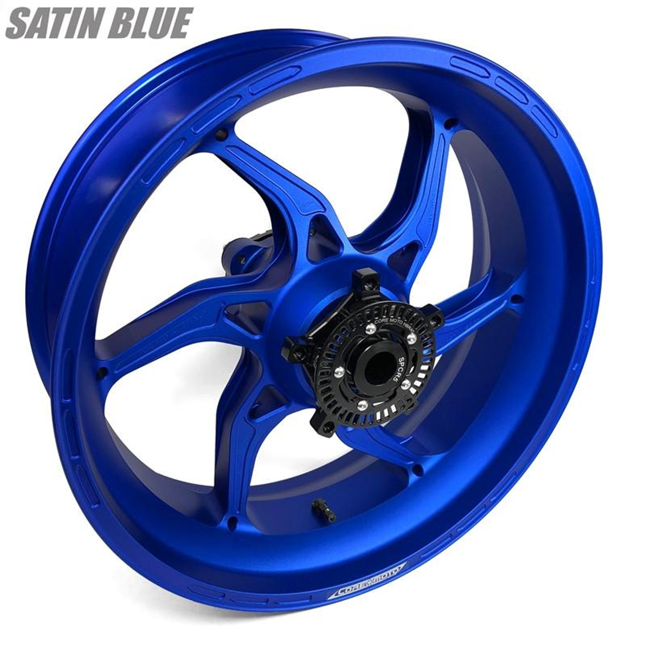 Coremoto Apex-6 Forged Aluminum Wheels Yamaha MT10/FZ10 (15-24), satin blue motorcycle wheel with lightweight forged construction and intricate spoke design.