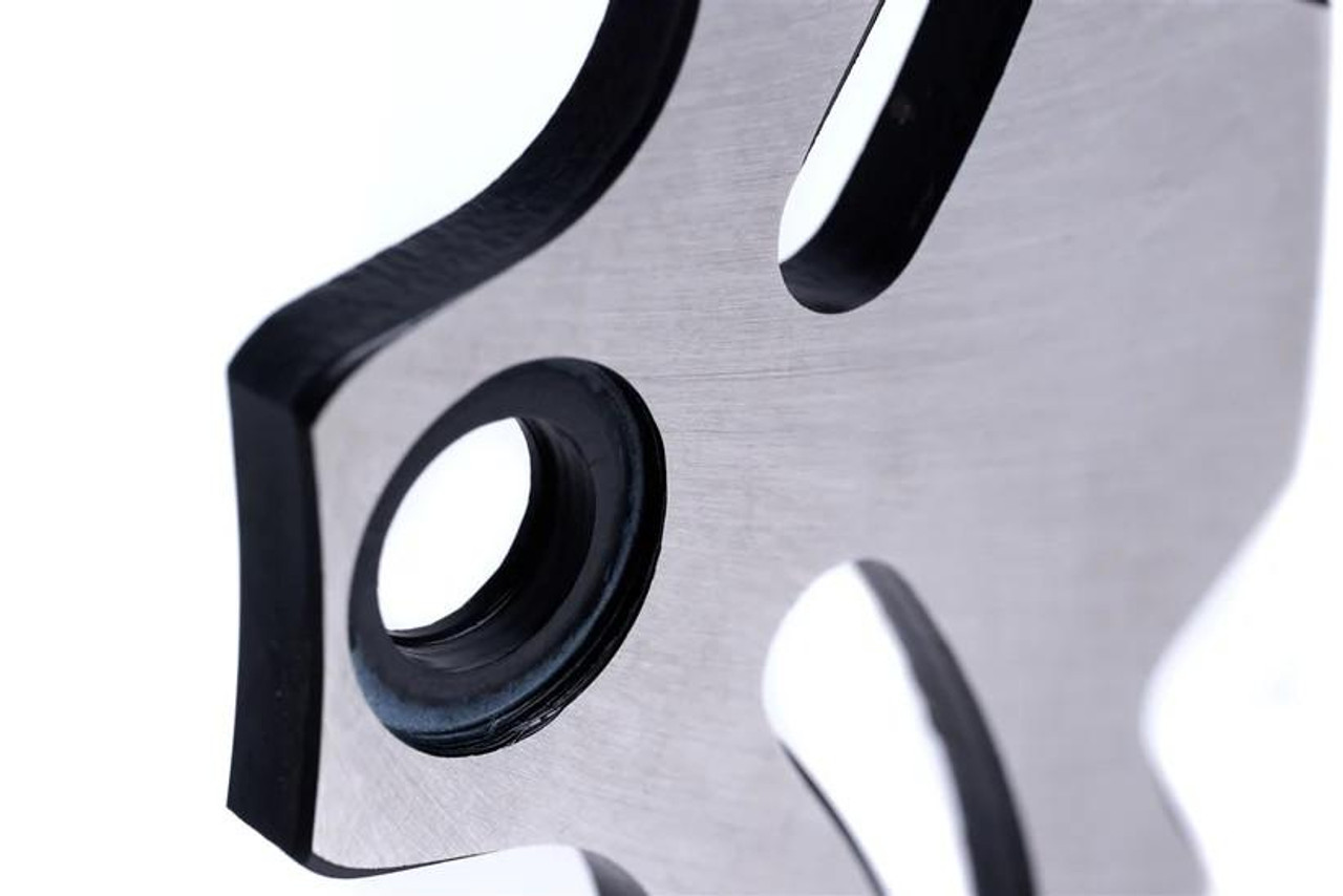 Schnitz Racing Schnitz Rear Brake Rotor Suzuki Hayabusa (08-21), close-up of high-performance motorcycle brake rotor with black anodized center hub and metallic braking surface.