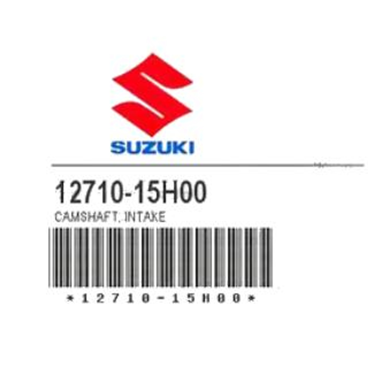 Suzuki OEM Intake Cam, close-up view of the genuine Suzuki Hayabusa (08-21) intake cam with part number 12710-15H00 and barcode.