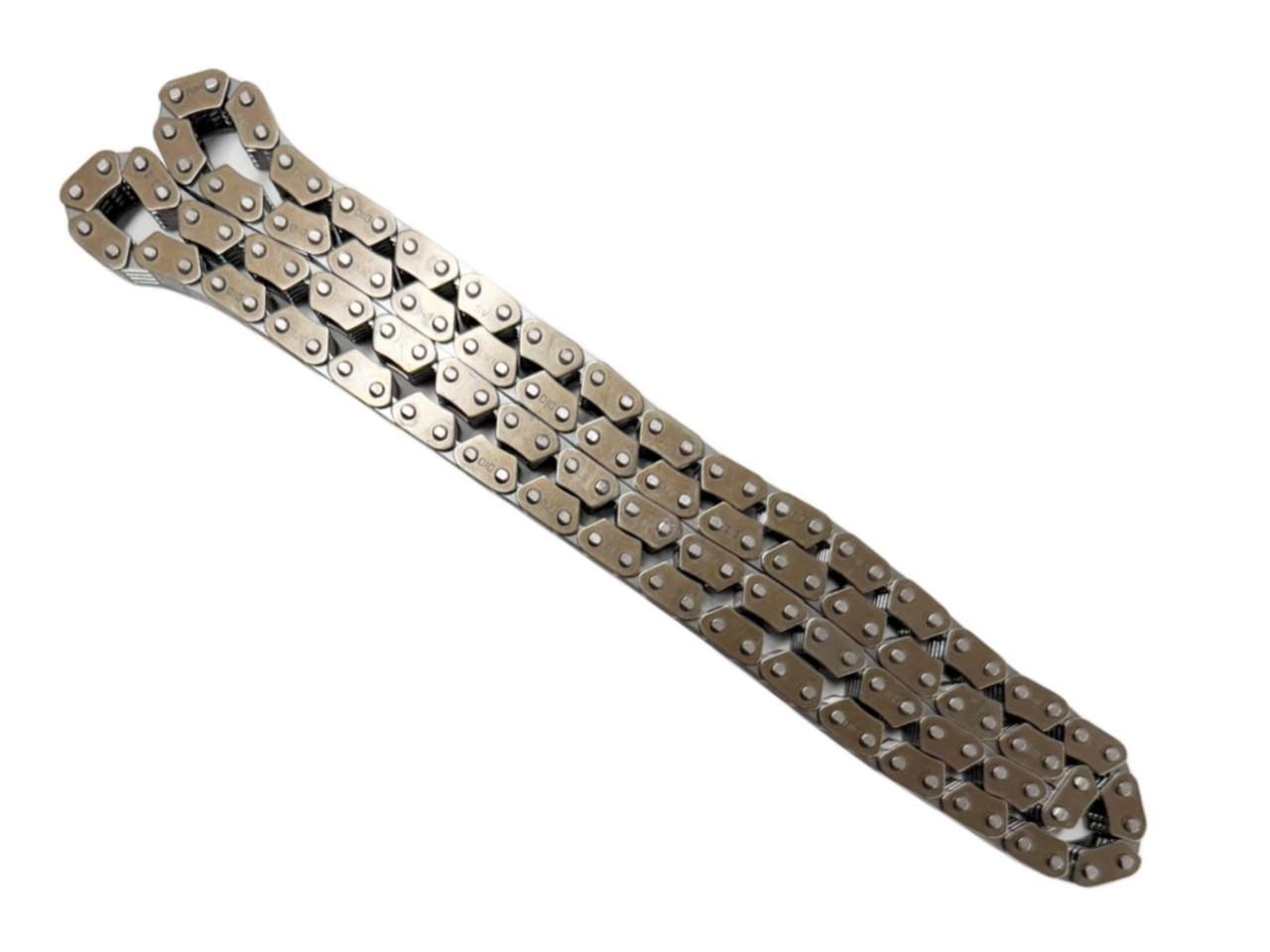 Schnitz Racing Replacement Cam Chain for Schnitz Cam Chain Upgrade Kit Kawasaki ZX-14R, detailed image of the metal engine component chain. Schnitz Racing Replacement Cam Chain for Schnitz Cam Chain Upgrade Kit Kawasaki ZX-14R, detailed image of the metal engine component chain.