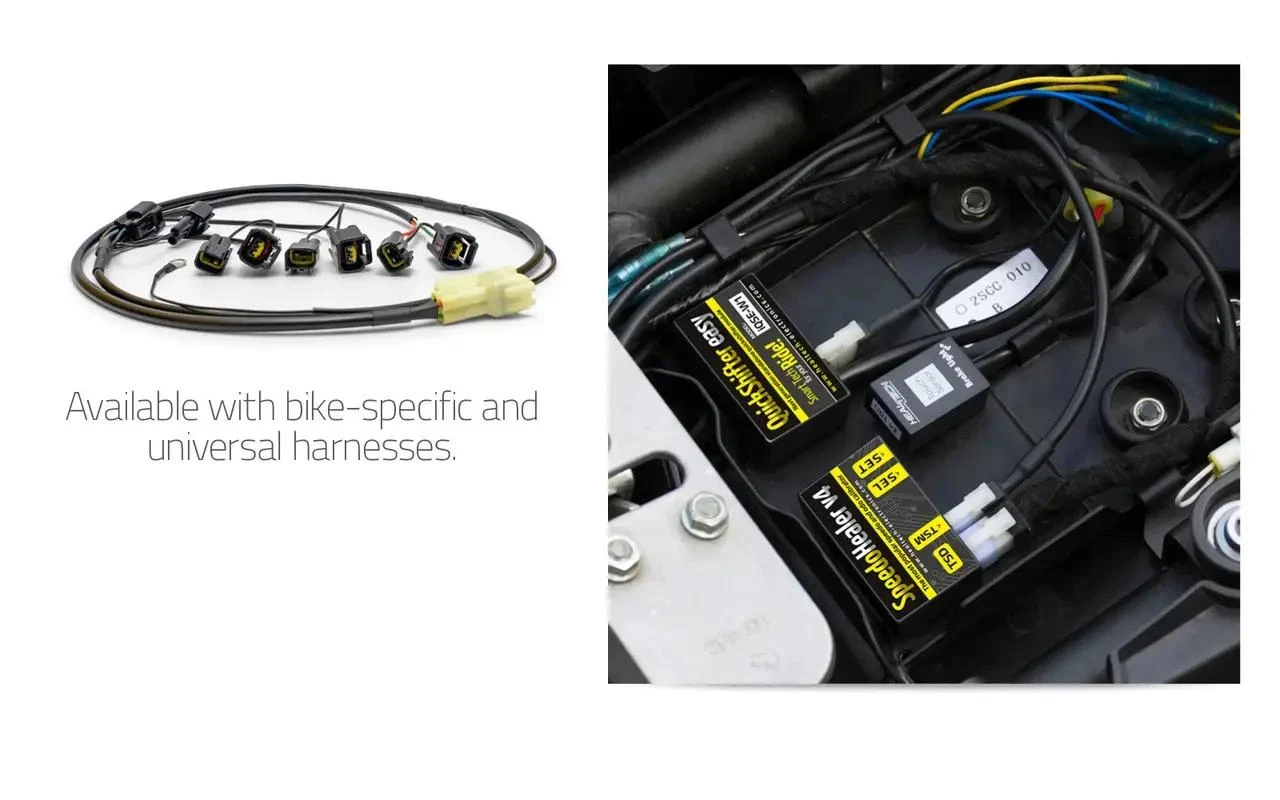 Healtech Quickshifter Suzuki Hayabusa (99-20), close-up of electronic shifter components and wiring installation on motorcycle