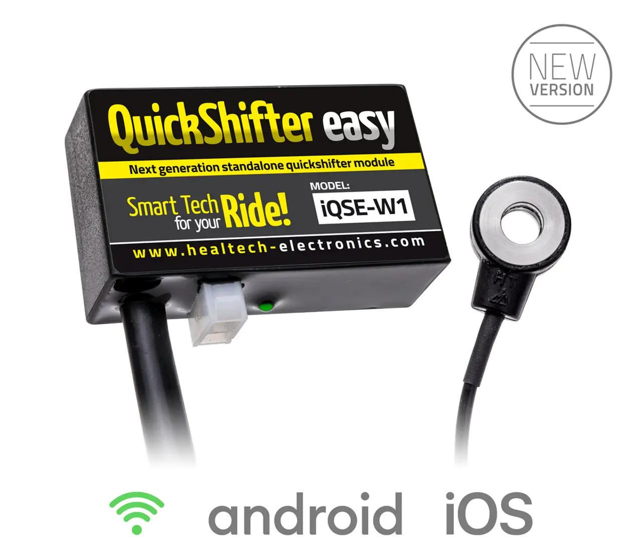 Healtech Quickshifter Kawasaki ZX-14R model IQSE-W1, standalone quickshifter module with sensor, designed for easy installation to enhance motorcycle gear shifting performance, compatible with Android and iOS devices.