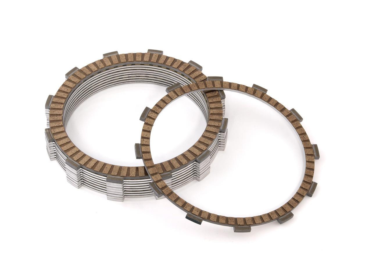 Suzuki OEM Complete Clutch Kit Suzuki GSXR750 (06-07), image showing a set of clutch friction and pressure plates with brown friction lining and metallic backing.