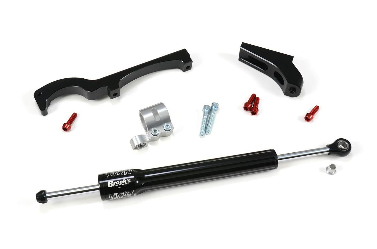 Brocks Performance Brocks Bitubo Steering Damper Kit Kawasaki Z H2 (20-25), motorcycle steering damper kit with mounting brackets, screws, and hydraulic damper