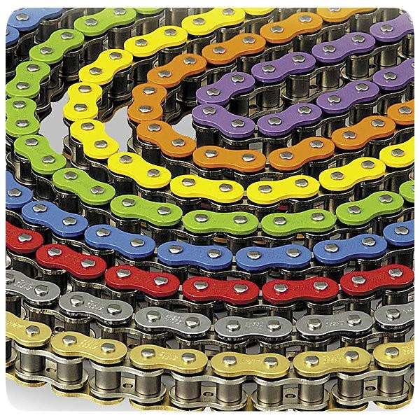EK Chain 530 MVXZ X-Ring, colorful motorcycle chain links in yellow, green, purple, orange, blue, red, and silver arranged in a spiral pattern.
