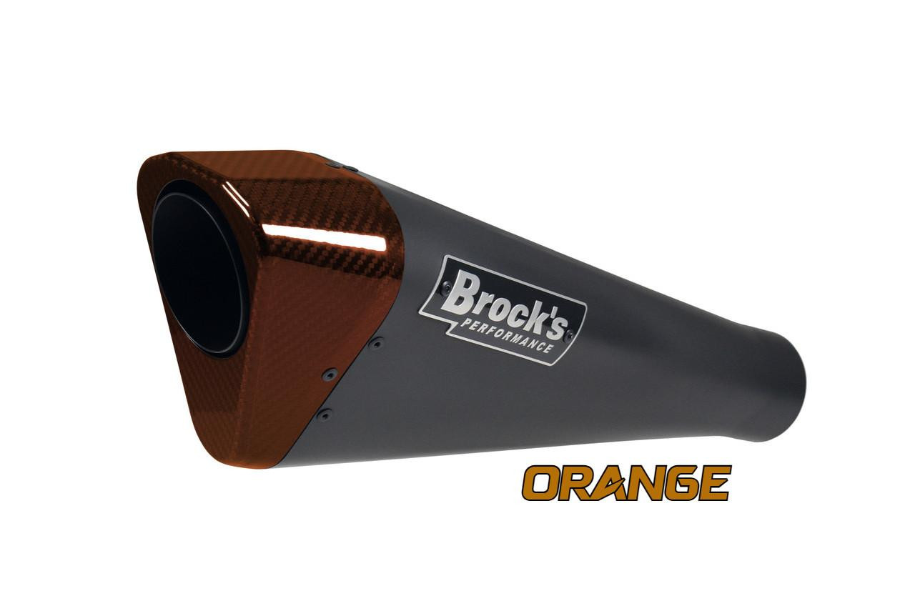 Brocks Performance Brocks Penta-Carbon Full System 15" Black Muffler Suzuki Hayabusa (99-20), close-up of the black and orange motorcycle exhaust muffler with carbon fiber finish and Brocks Performance logo.