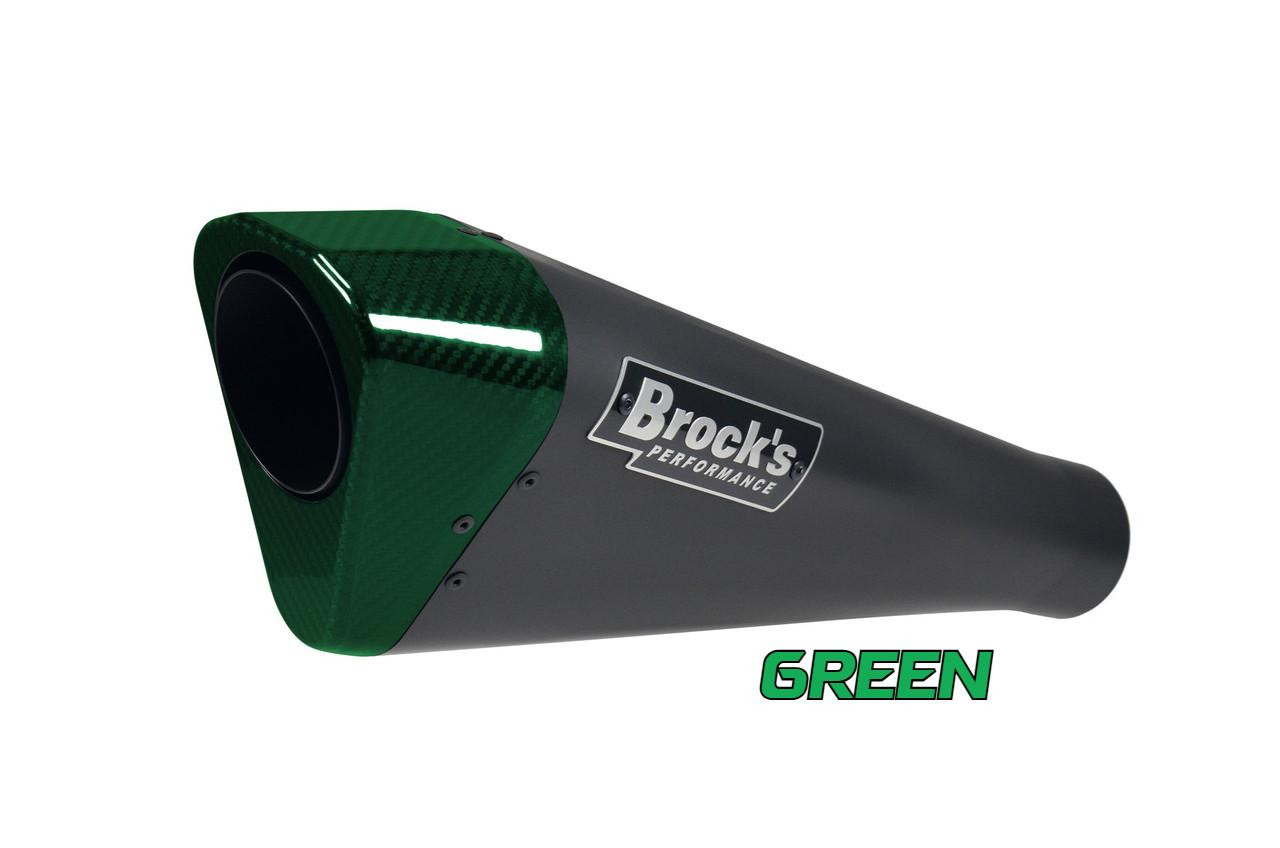 Brocks Performance Brocks Penta-Carbon Full System 15" Black Muffler Suzuki Hayabusa (99-21), green carbon fiber with black muffler, side view. Brocks Performance Brocks Penta-Carbon Full System 15" Black Muffler Suzuki Hayabusa (99-21), green carbon fiber with black muffler, side view.