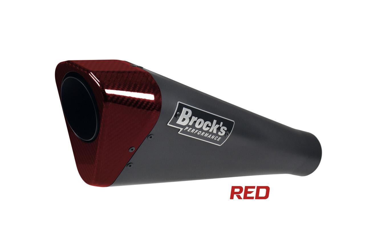 Brock's Performance Brocks Penta-Carbon Full System 15" Black Muffler Suzuki GSXR1000 (17-25), red and black motorcycle exhaust muffler with carbon fiber finish and Brock's Performance logo. Brock's Performance Brocks Penta-Carbon Full System 15" Black Muffler Suzuki GSXR1000 (17-25), red and black motorcycle exhaust muffler with carbon fiber finish and Brock's Performance logo.