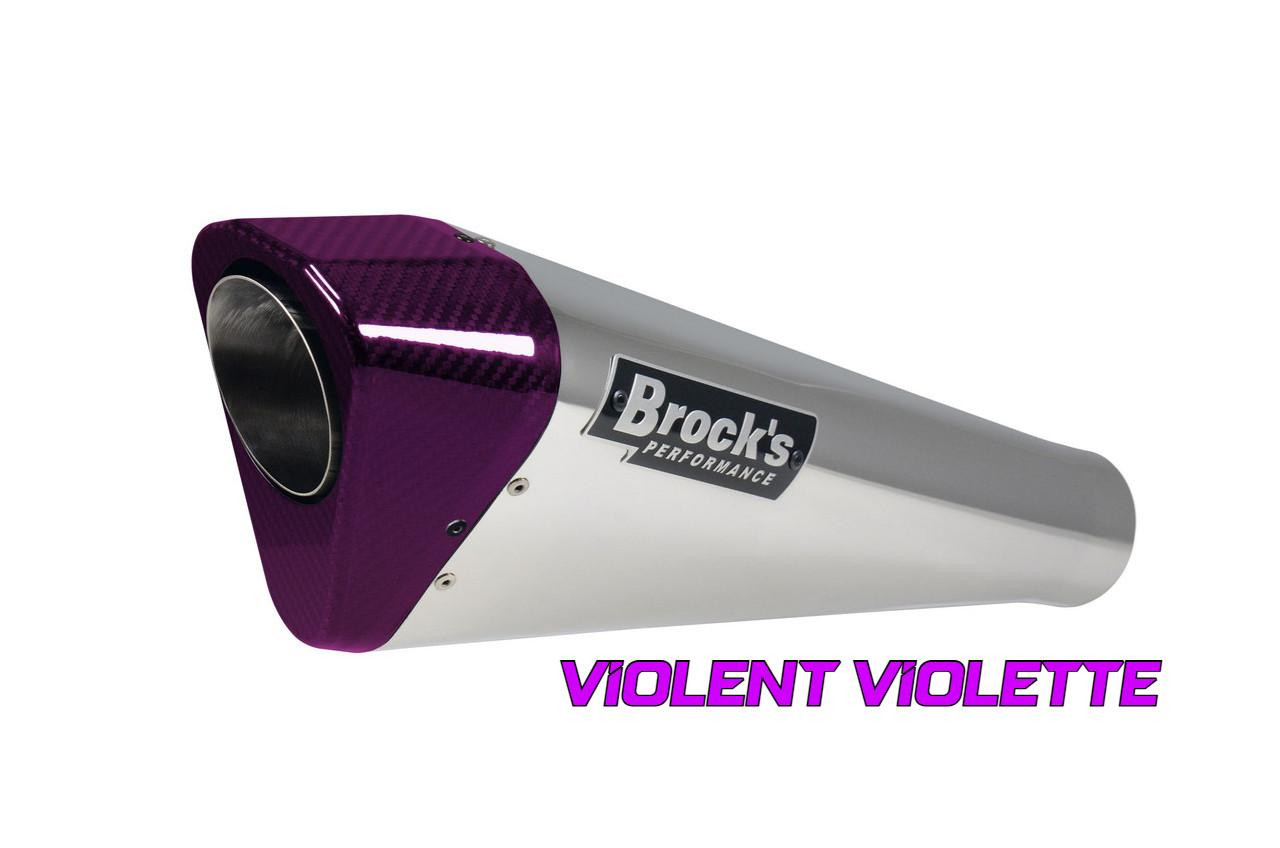 Brocks Performance Brocks Penta-Carbon Full System 15" Muffler Kawasaki ZX-14R (12-25), motorcycle exhaust with purple carbon fiber end cap and silver body.