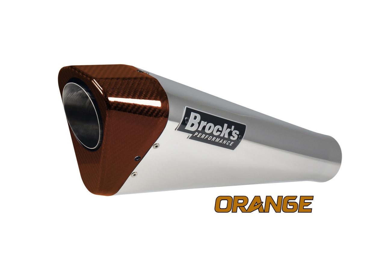 Brocks Performance Brocks Penta-Carbon Full System 15" Muffler Kawasaki ZX-14R (12-25), metallic silver and orange carbon fiber motorcycle exhaust muffler.