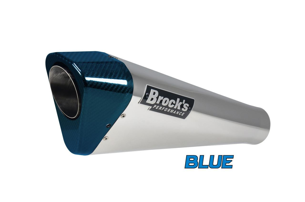 Brock's Performance Brocks Penta-Carbon Full System 15" Muffler for Kawasaki ZX-14R (12-25), blue carbon fiber and stainless steel motorcycle exhaust.
