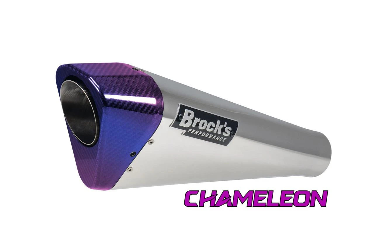 Brocks Performance Brocks Penta-Carbon Full System 15" Muffler Kawasaki ZX-14R (12-25), stainless steel motorcycle exhaust with purple carbon fiber end cap.