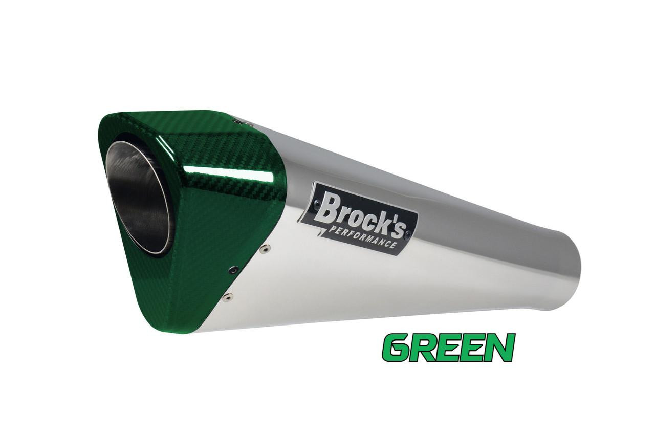 Brocks Performance Brocks Penta-Carbon Full System 15" Muffler Kawasaki ZX-14R (12-25), motorcycle exhaust muffler with green carbon fiber end cap and silver body.