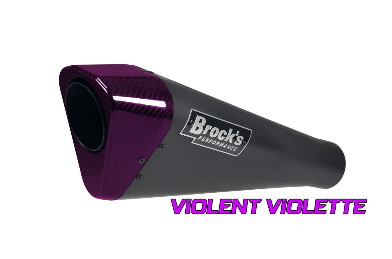 Brocks Performance Brocks Penta-Carbon Full System 15 Inch Black Muffler for Kawasaki ZX-14, in violet violet color with carbon fiber finish and Brocks Performance logo. Brocks Performance Brocks Penta-Carbon Full System 15 Inch Black Muffler for Kawasaki ZX-14, in violet violet color with carbon fiber finish and Brocks Performance logo.