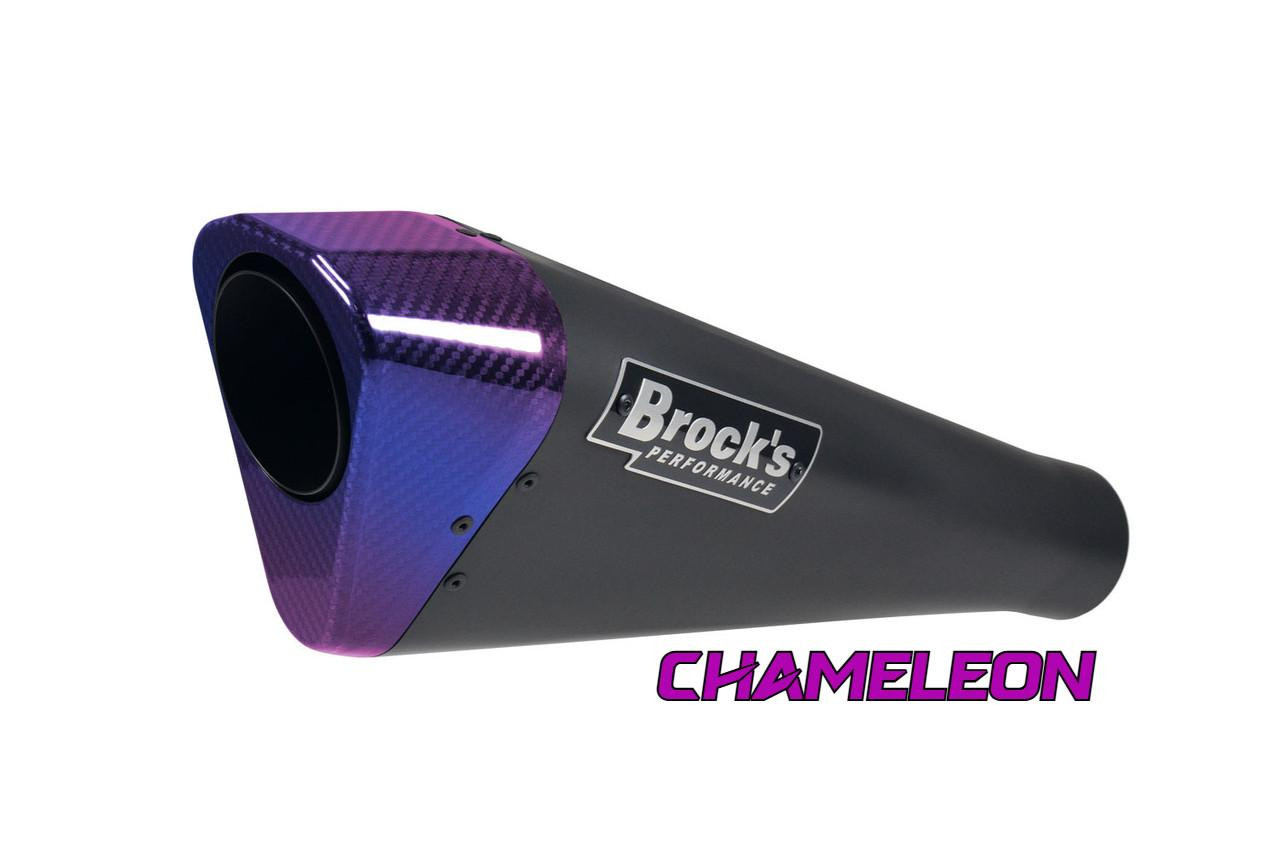 Brock's Performance Brocks Penta-Carbon Full System 15" Black Muffler Kawasaki ZX-14 (12-26), motorcycle exhaust muffler with purple carbon fiber end cap and black body. Brock's Performance Brocks Penta-Carbon Full System 15" Black Muffler Kawasaki ZX-14 (12-26), motorcycle exhaust muffler with purple carbon fiber end cap and black body.