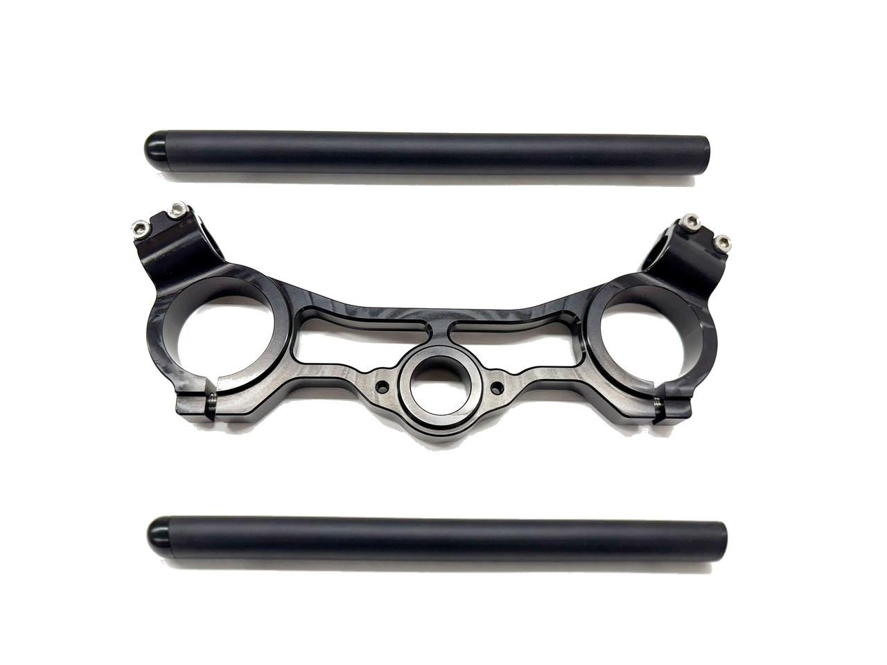 G Force G-Force Top Triple Clamp Kit Suzuki GSXR1000 2017-2025, black anodized aluminum motorcycle top triple clamp with two handlebar bars.