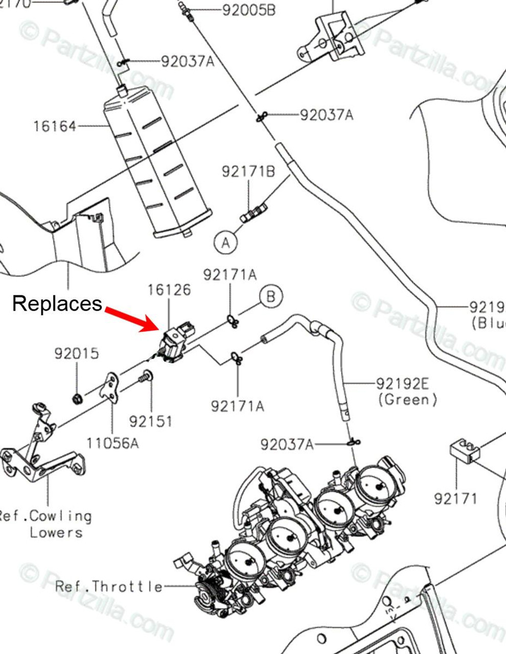 Schnitz Racing Schnitz Purge Valve Solenoid Eliminator Plug for Kawasaki ZX14R, ZX-10R, ZX6R - detailed motorcycle diagram showing the component's location and replacement part in an engine diagram. Schnitz Racing Schnitz Purge Valve Solenoid Eliminator Plug for Kawasaki ZX14R, ZX-10R, ZX6R - detailed motorcycle diagram showing the component's location and replacement part in an engine diagram.
