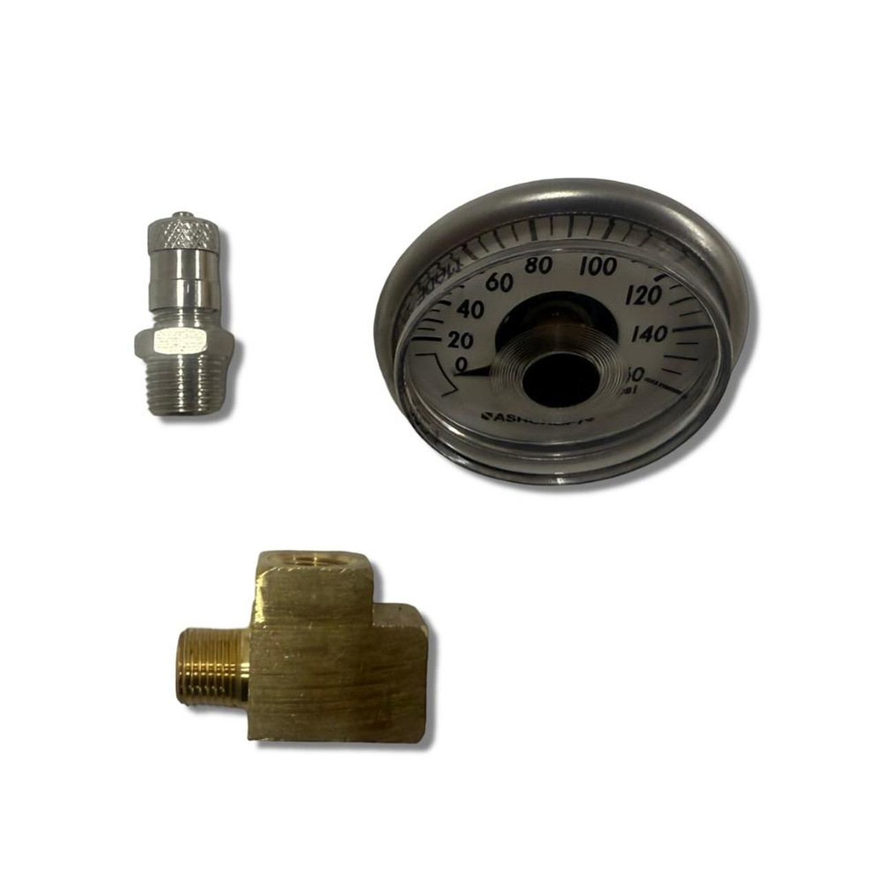 Schnitz Racing Compact T Adaptor, mechanical gauge with a dial showing temperature or pressure, an adapter fitting, and a brass connector for automotive or racing applications. Schnitz Racing Compact T Adaptor, mechanical gauge with a dial showing temperature or pressure, an adapter fitting, and a brass connector for automotive or racing applications.