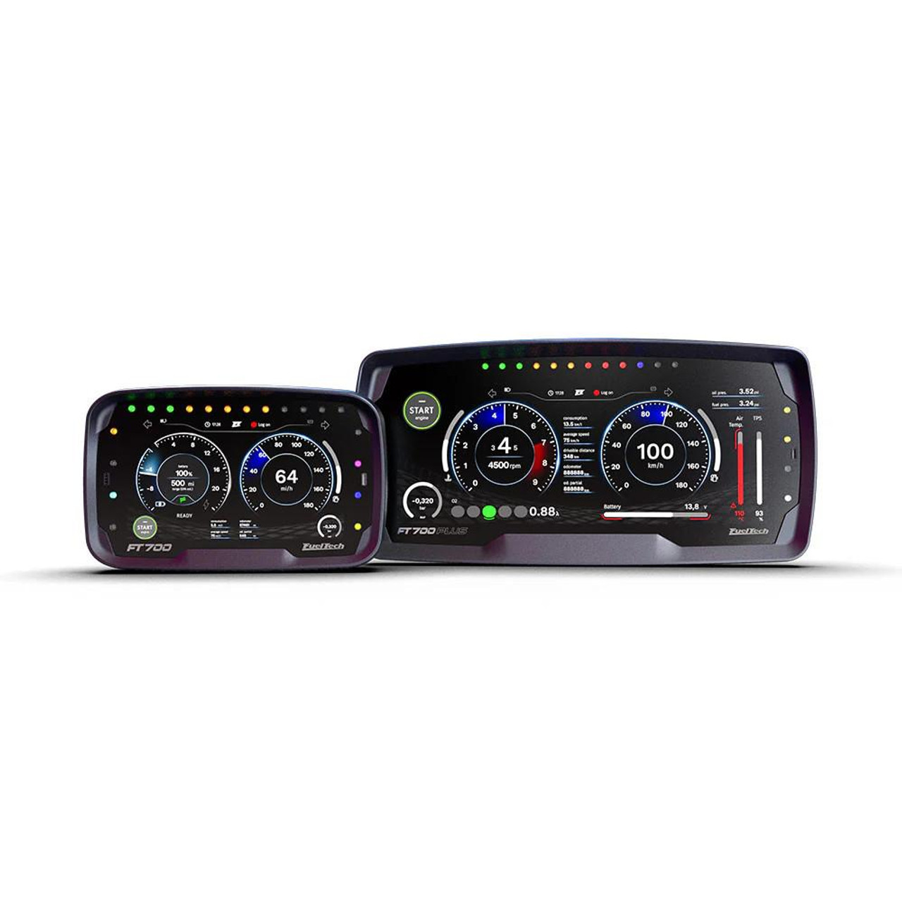 Fueltech FT700 ECU System, digital control units with high-resolution displays showing engine performance metrics. Fueltech FT700 ECU System, digital control units with high-resolution displays showing engine performance metrics.