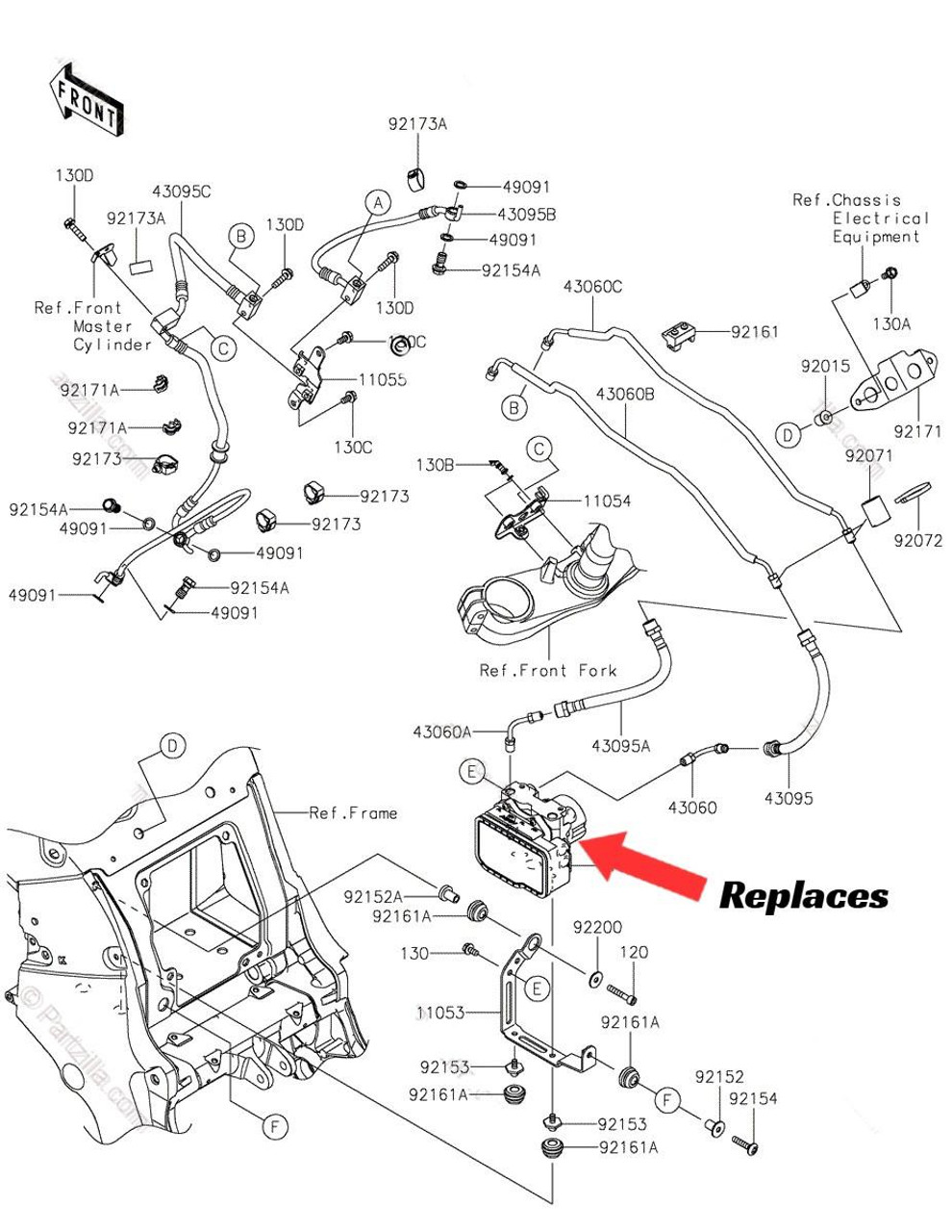 Brocks Performance ABS Delete Kawasaki ZX-14 (12-26), technical schematic diagram of the ABS delete kit for Kawasaki ZX-14 motorcycle with labeled parts and components highlighted with replacements in the system. Brocks Performance ABS Delete Kawasaki ZX-14 (12-26), technical schematic diagram of the ABS delete kit for Kawasaki ZX-14 motorcycle with labeled parts and components highlighted with replacements in the system.