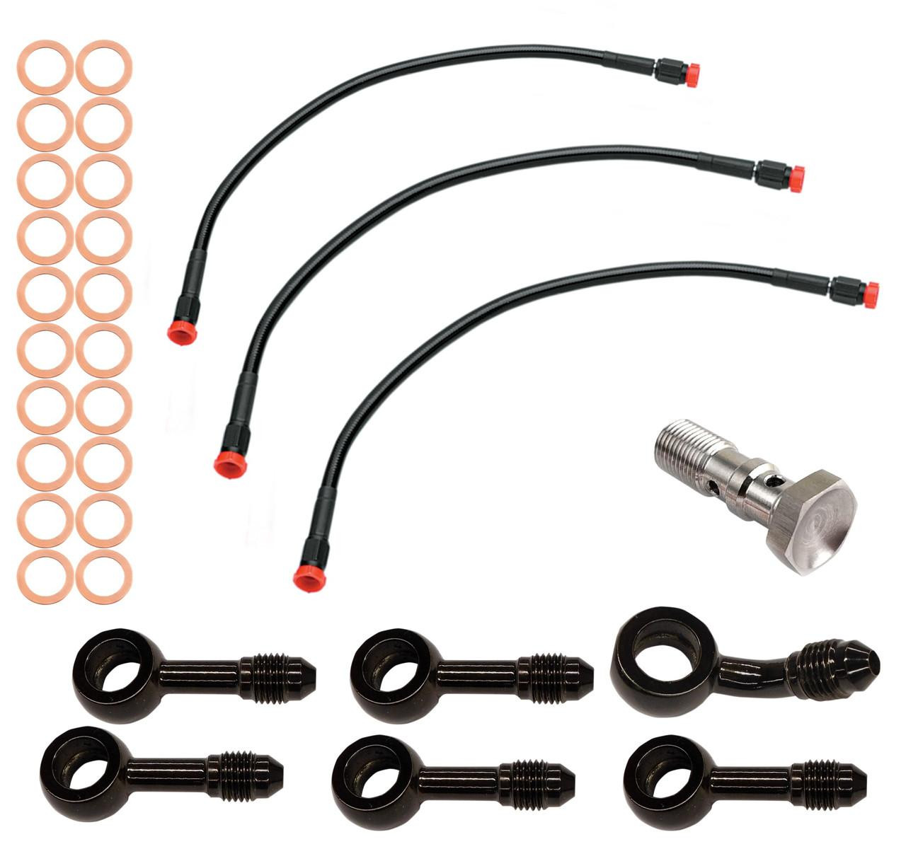 Schnitz Racing Schnitz ABS Delete Brake Line Kit for Kawasaki ZX-14 with Nissin Calipers, including black braided brake hoses, orange washers, and various fittings for motorcycle brake system modification.