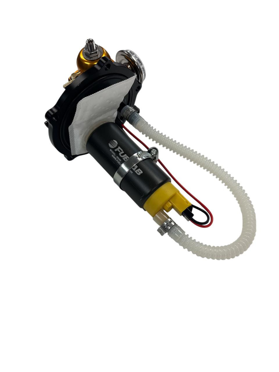 HTP Performance HTP In-Tank Fuel Pump Assembly for Suzuki Hayabusa (99-26), high-performance fuel pump with a black cylindrical body, wiring, and attached fuel hose. HTP Performance HTP In-Tank Fuel Pump Assembly for Suzuki Hayabusa (99-26), high-performance fuel pump with a black cylindrical body, wiring, and attached fuel hose.