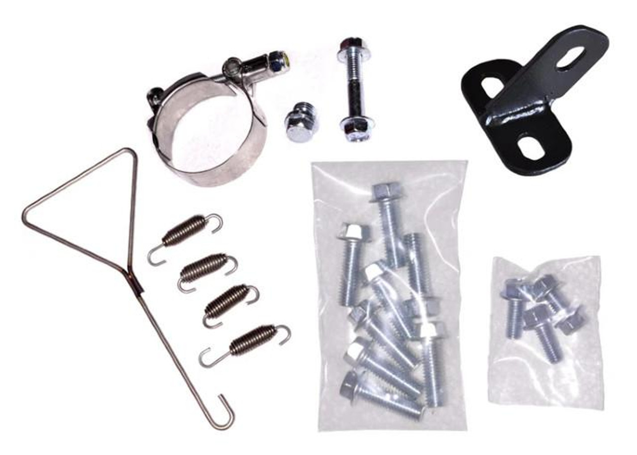 VooDoo Shorty Exhaust System Suzuki Hayabusa (22-25), image of installation hardware components including brackets, bolts, springs, and mounting accessories.