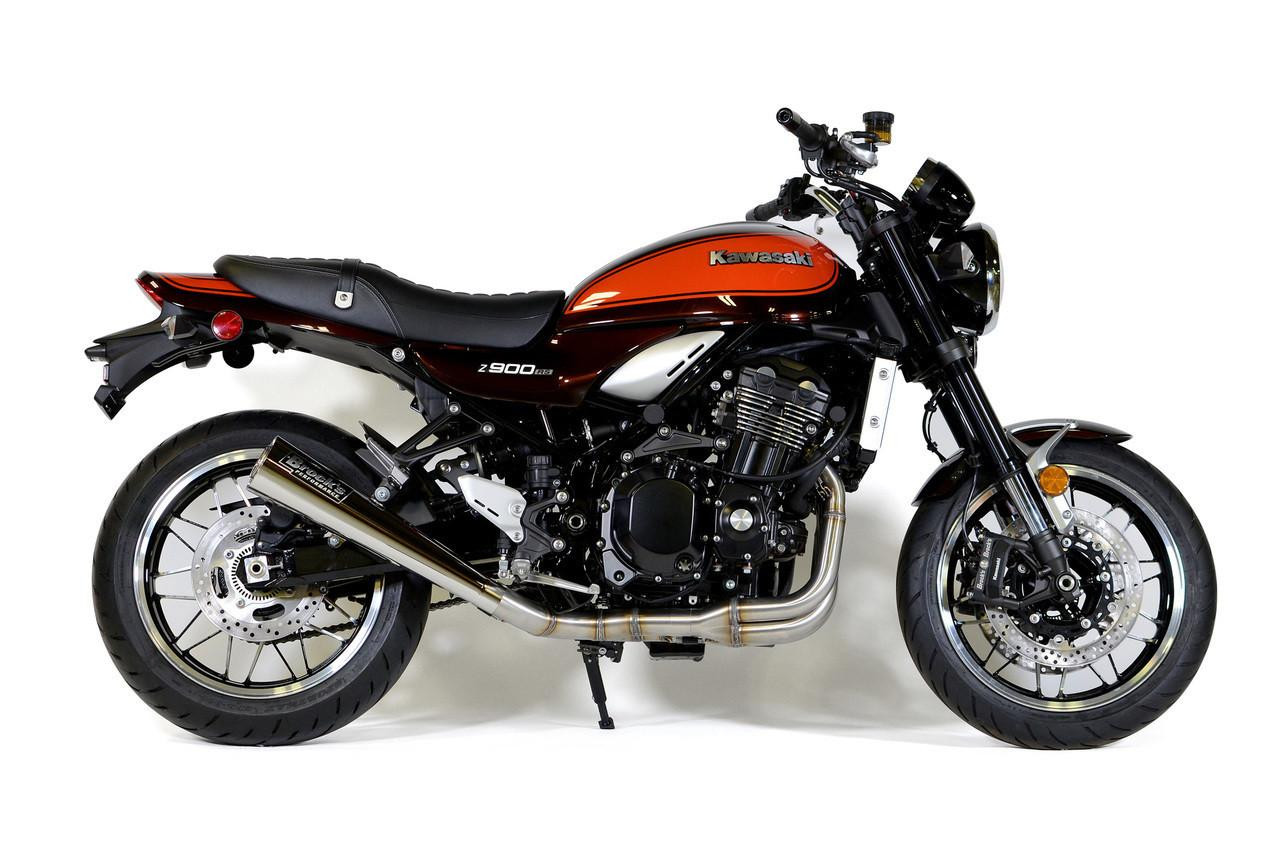 Brocks Performance Brocks StreetMeg Full Exhaust System 20" Muffler Kawasaki Z900RS (18-25) bike, black and orange motorcycle with a full exhaust system and 20-inch muffler.