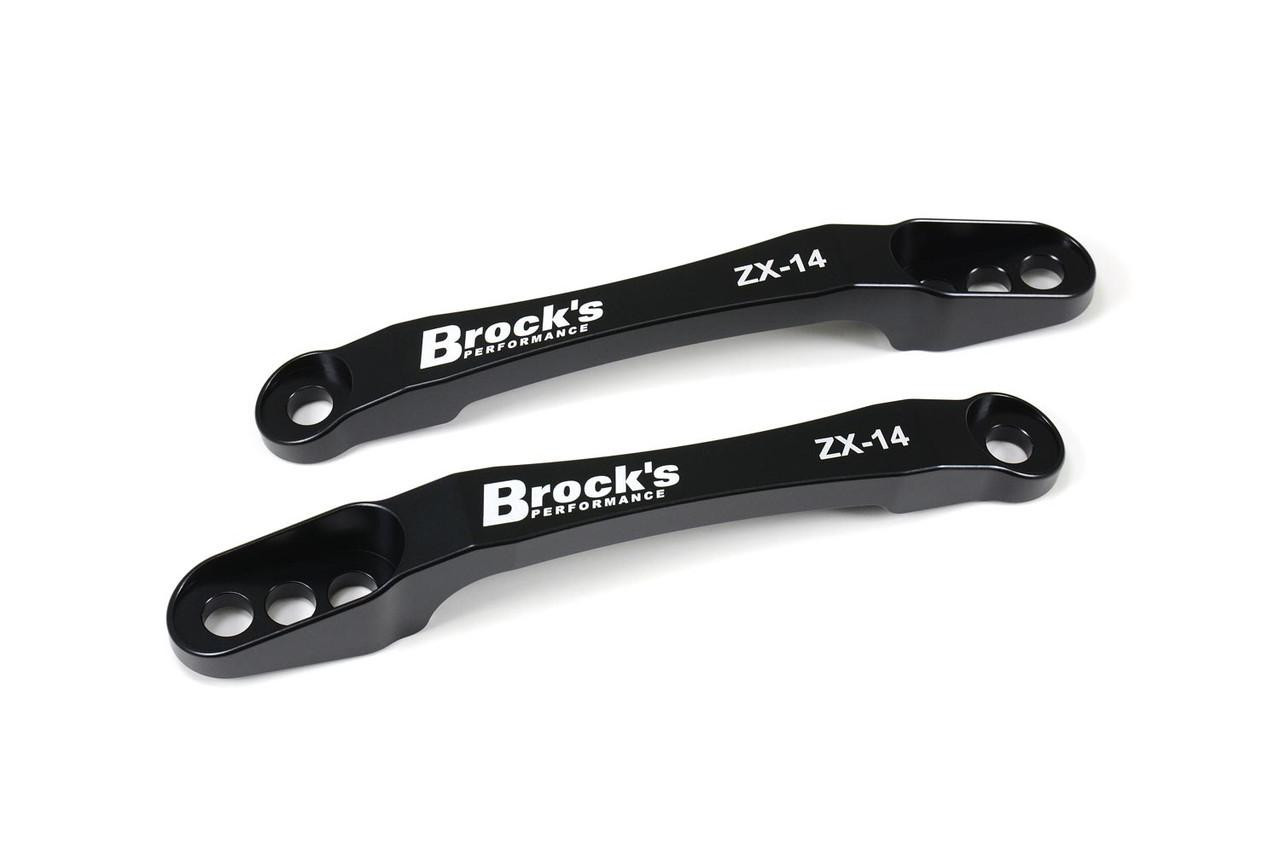 Brock's Performance Brocks 3-Position Lowering Links Kawasaki ZX14R, black motorcycle lowering links with multiple hole adjustment points.