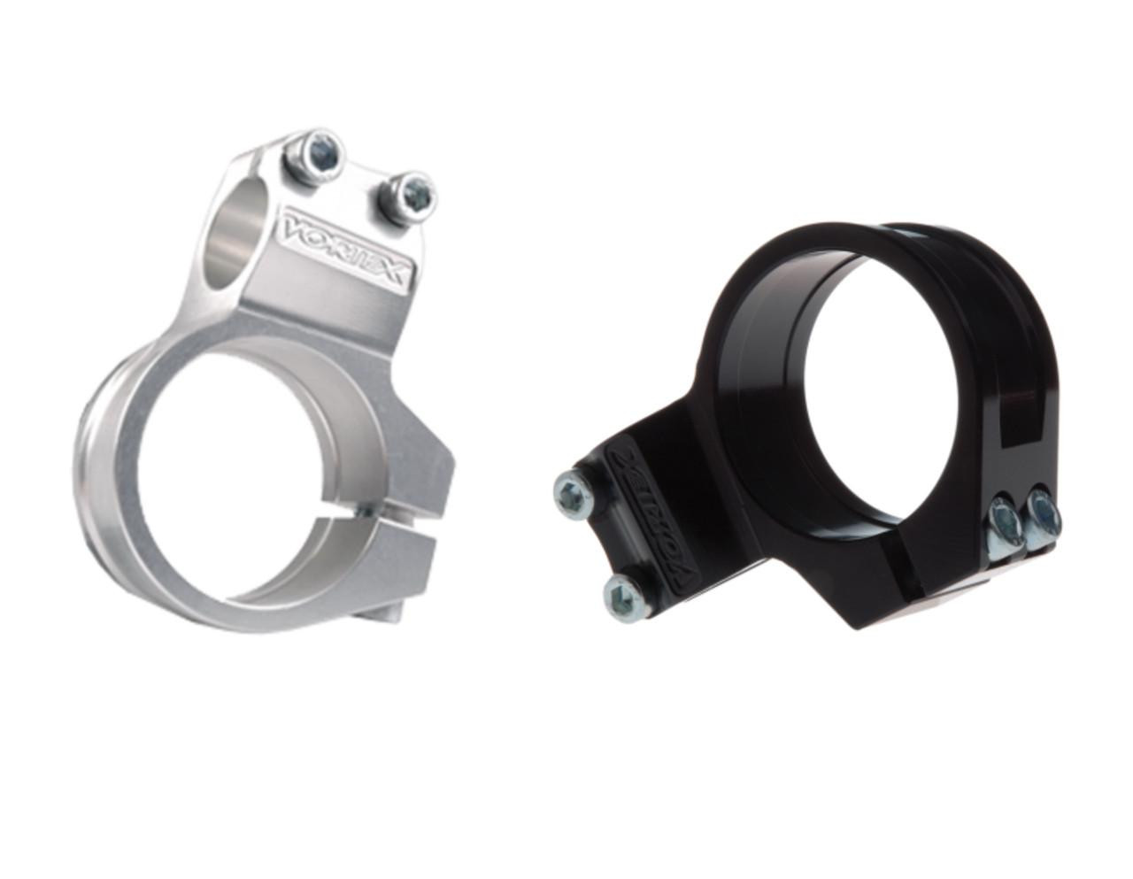 Vortex Clip-On Handlebars (7 Degree), metal and black anodized aluminum clip-on bike handlebar mounts for motorcycle or bike handlebars. Vortex Clip-On Handlebars (7 Degree), metal and black anodized aluminum clip-on bike handlebar mounts for motorcycle or bike handlebars.