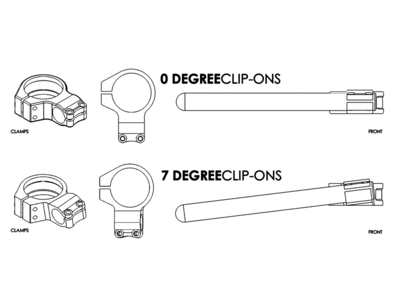 Vortex Clip-On Handlebars (7 Degree), technical diagram showing the clip-on handlebars with 7 degree positioning and clamp components. Vortex Clip-On Handlebars (7 Degree), technical diagram showing the clip-on handlebars with 7 degree positioning and clamp components.