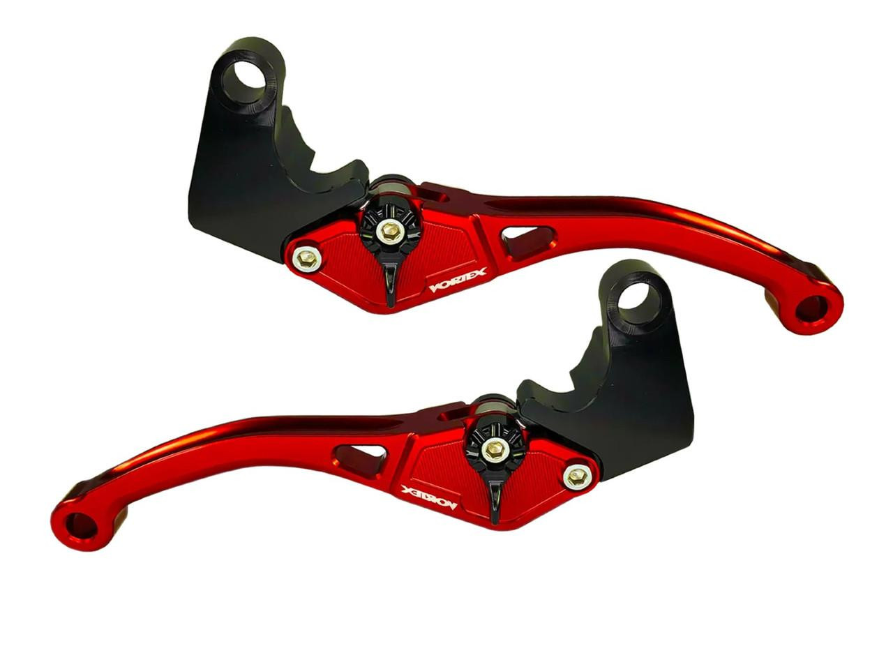 Vortex V3 Race Levers Suzuki Hayabusa (99-26), red and black aftermarket motorcycle race levers for Suzuki Hayabusa with CNC-machined aluminum construction. Vortex V3 Race Levers Suzuki Hayabusa (99-26), red and black aftermarket motorcycle race levers for Suzuki Hayabusa with CNC-machined aluminum construction.