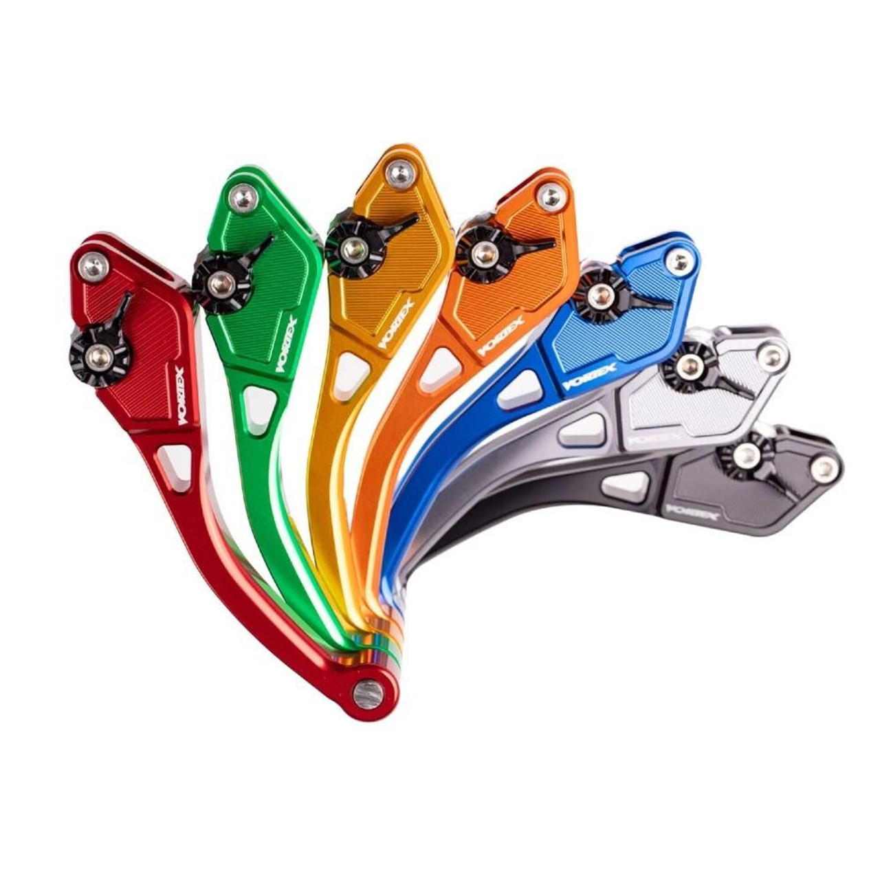 Vortex V3 Race Levers Suzuki GSXR750 and GSXR600, multi-color set of motorcycle race levers in red, green, yellow, orange, blue, silver, and black with adjustable control mechanisms.