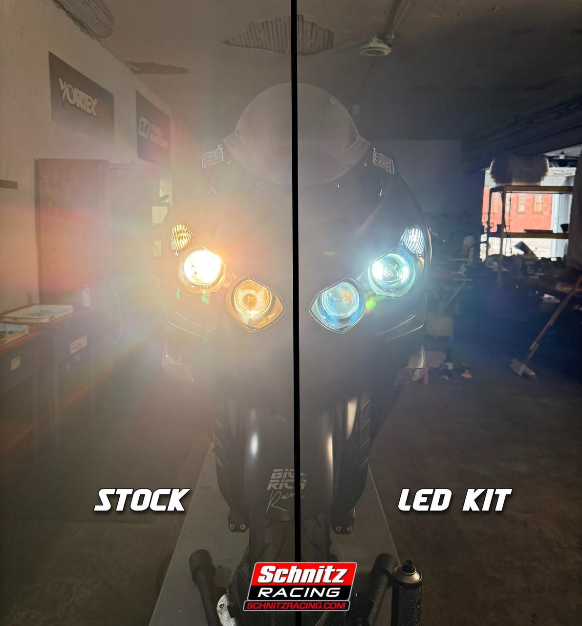 Schnitz Racing Schnitz LED Headlight Upgrade Kit Kawasaki ZX-14R (06-25), side-by-side comparison photo showing stock headlights on the left emitting a yellowish light and LED headlights on the right emitting a bright white light, mounted on a motorcycle in a garage setting.