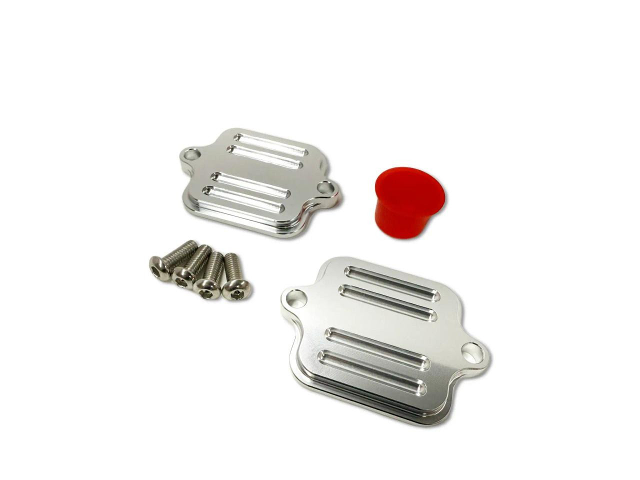 VooDoo PAIR Block Off Plates for Kawasaki Ninja H2, H2 SX/SE/SE+, ZX-14R, ZX-10R, Z900, Z900RS, motorcycle accessories, silver aluminum block-off plates with mounting screws and red rubber cap