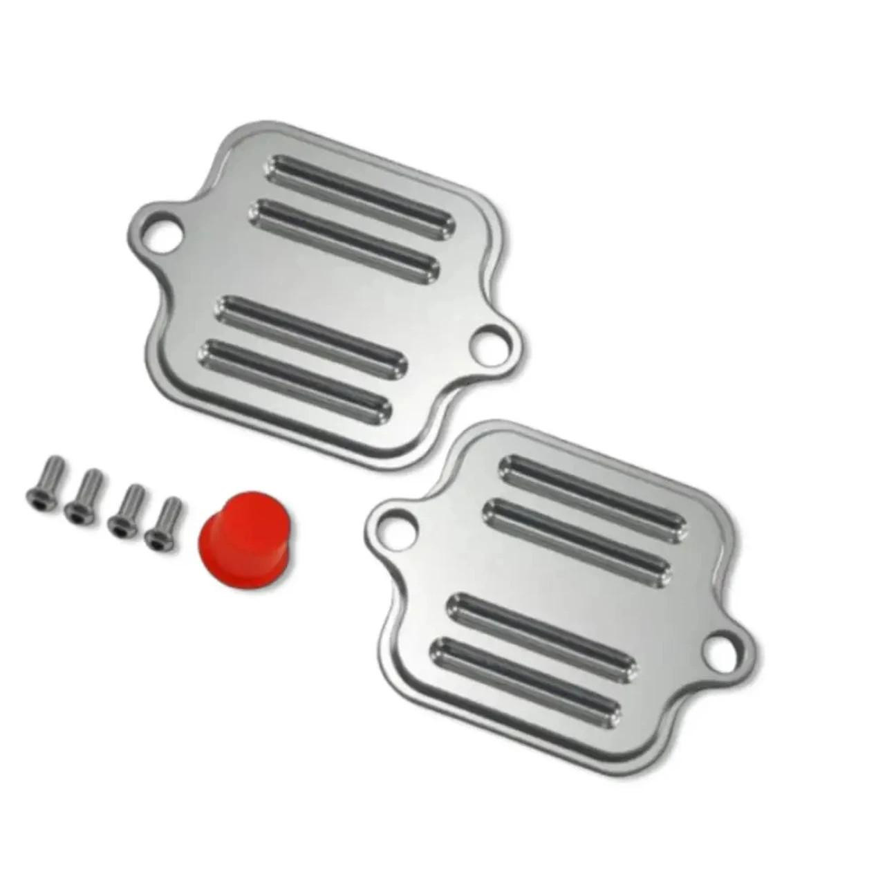VooDoo PAIR Block Off Plates for Kawasaki Ninja H2, Z900, Z900RS, ZX-14R, ZX-10R motorcycle, chrome finish, includes mounting hardware, and red rubber plug for sealing. VooDoo PAIR Block Off Plates for Kawasaki Ninja H2, Z900, Z900RS, ZX-14R, ZX-10R motorcycle, chrome finish, includes mounting hardware, and red rubber plug for sealing.