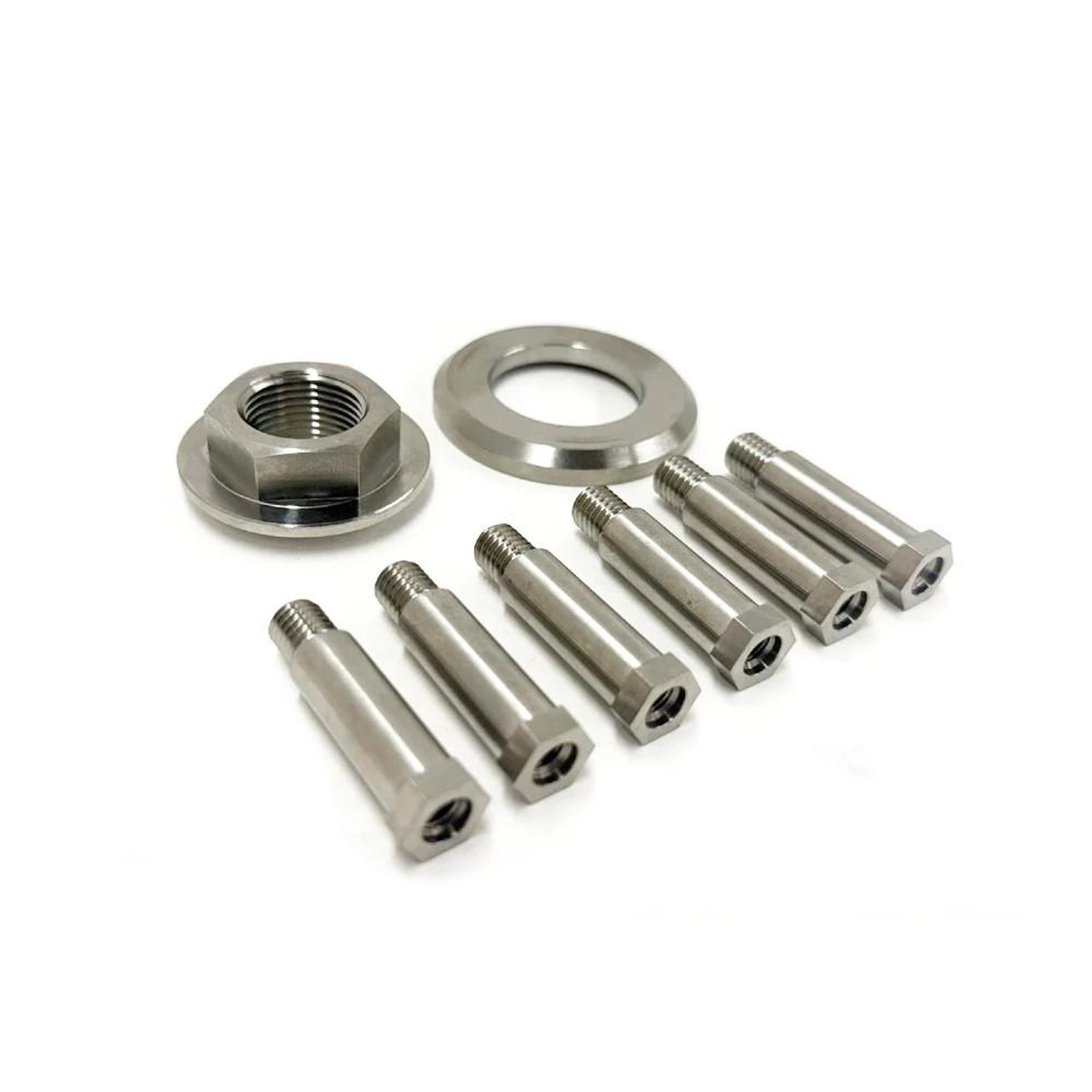 Ironless Innovations Titanium Clutch Mod And Hardware Kit Kawasaki ZX14R, image of titanium clutch components including bolts, a nut, and a washer.