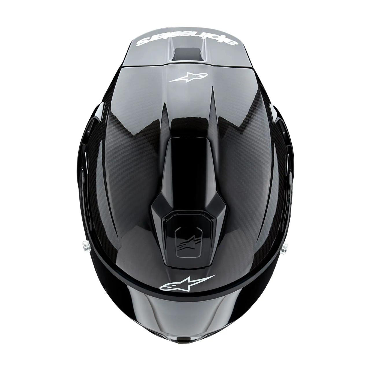 Alpinestars Supertech R10 Carbon Fiber Helmet, top view showcasing its aerodynamic design and sleek black finish.