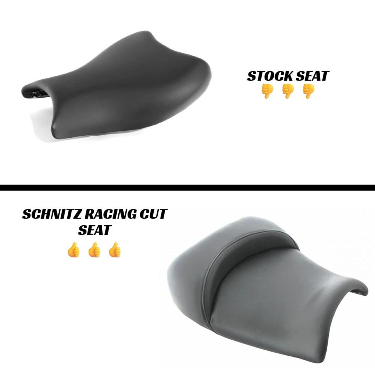 Schnitz Racing Schnitz 'Drag Cut' Seat Suzuki Hayabusa (99-26), black racing motorcycle seat with a sleek design, suitable for drag racing and street use. Schnitz Racing Schnitz 'Drag Cut' Seat Suzuki Hayabusa (99-26), black racing motorcycle seat with a sleek design, suitable for drag racing and street use.